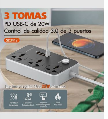 Multitoma de 3 Salidas Ldnio SC3412 con Usb color gris largo del cable de 2m 10A - Imagen 6