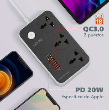 Multitoma de 3 Salidas Ldnio SC3412 con Usb color gris largo del cable de 2m 10A - Imagen 5