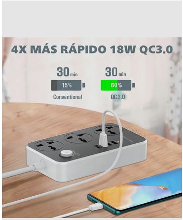 Multitoma de 3 Salidas Ldnio SC3412 con Usb color gris largo del cable de 2m 10A - Imagen 4